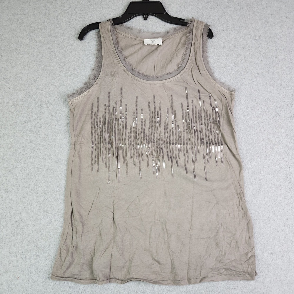 LOFT Tank Top Womens Large Taupe Cotton Sequin Fringe Trim Slim Fit Sleeveless